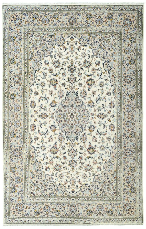Full view of 2000s Kashan rug from Iran / Persia, 310 × 200 cm in Beige tones