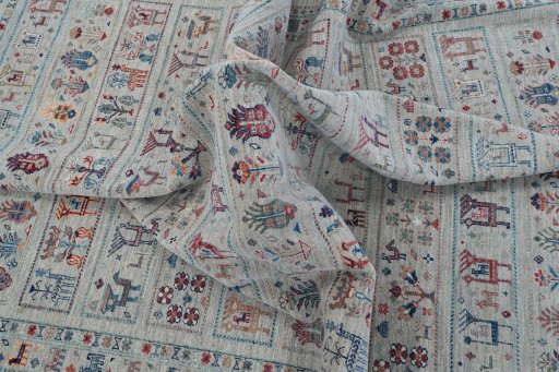 Full view of New Samarkand rug from Pakistan, 352 × 244 cm in Beige tones