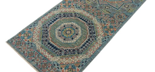 Backside of handmade New Mamluk rug showing knot structure and weave density
