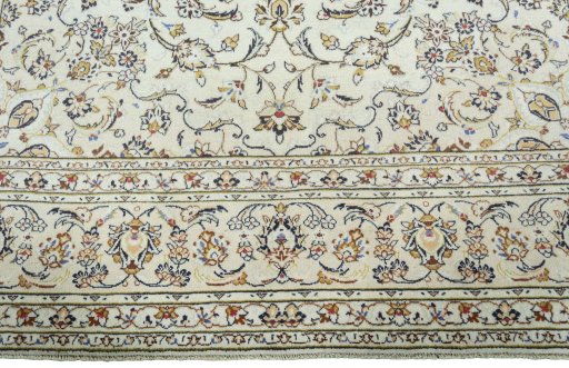 Full view of 2000s Kashan rug from Iran / Persia, 350 × 240 cm in Beige tones