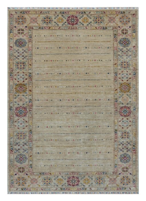 Full view of New Samarkand rug from Pakistan, 290 × 204 cm in Beige tones