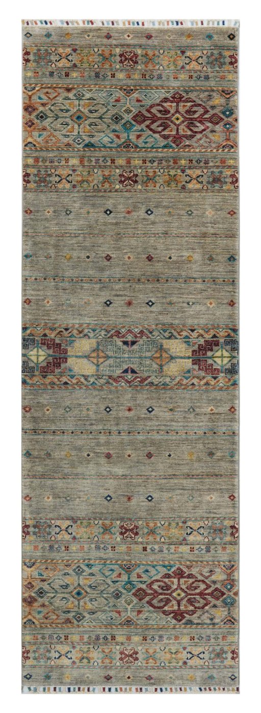 Full view of New Samarkand rug from Pakistan, 247 × 77 cm in Gray tones