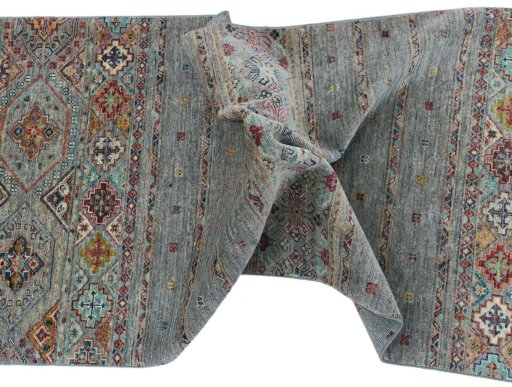 Full view of New Samarkand rug from Pakistan, 248 × 84 cm in Gray tones