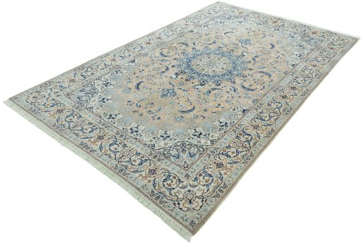 Corner detail of 2000s Nain rug showing border pattern and Wool pile