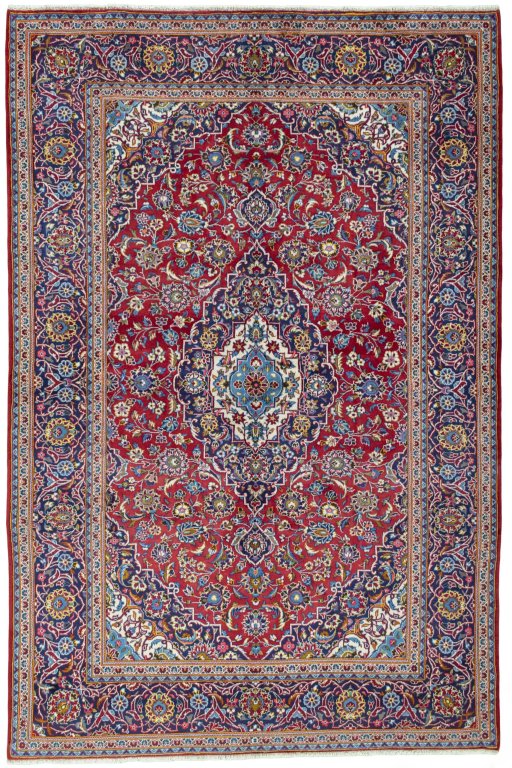 Full view of New Kashan rug from Iran / Persia, 302 × 200 cm in Red tones