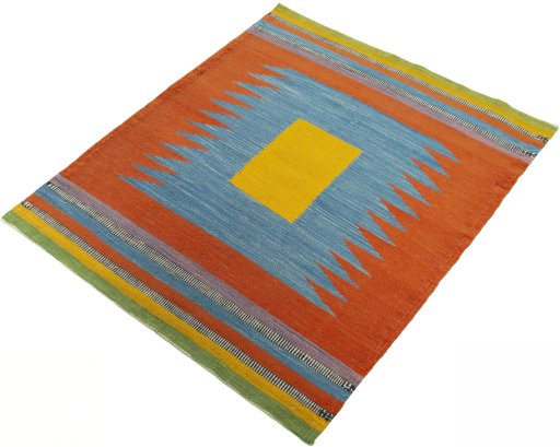 Corner detail of New Kilim Sofre rug showing border pattern and Wool pile