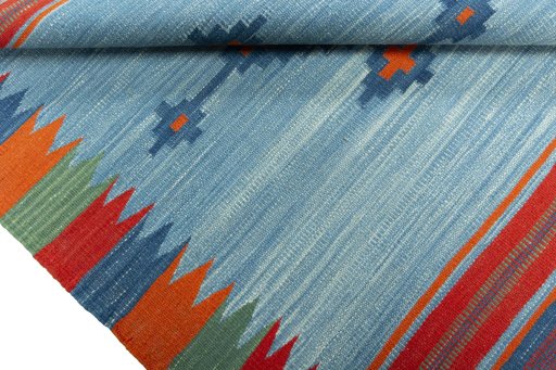 Full view of New Kilim Sofre rug from Turkey, 110 × 98 cm in Multi Color tones