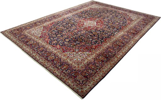 Corner detail of 2000s Kashan rug showing border pattern and Wool pile