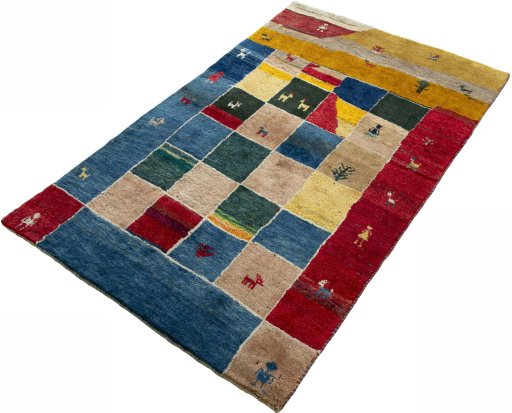 Corner detail of 2000s Persian Gabbeh rug showing border pattern and Wool pile