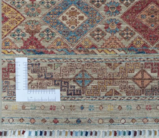 Corner detail of New Samarkand rug showing border pattern and Wool pile