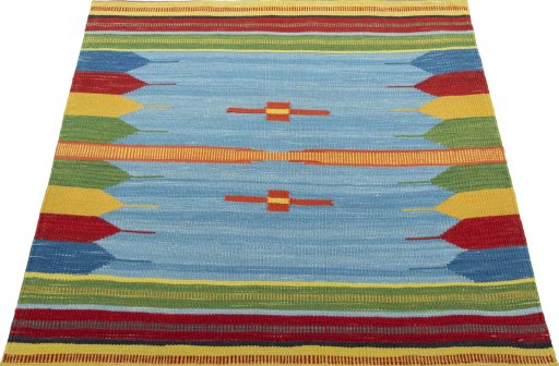 Close-up detail of New Kilim Sofre rug from Turkey showing Wool weave