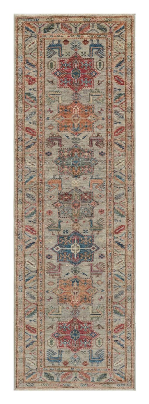 Full view of New Kazak rug from Pakistan, 253 × 79 cm in Gray tones