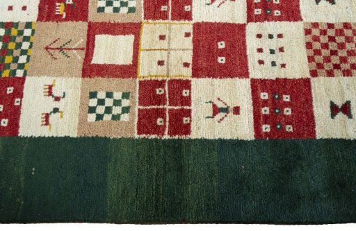 Close-up detail of 2000s Persian Gabbeh rug from Pakistan showing Wool weave