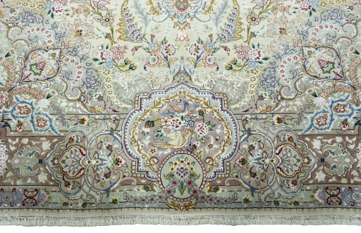 Full view of New Tabriz 50/60/70 Raj rug from Iran / Persia, 248 × 202 cm in Beige tones
