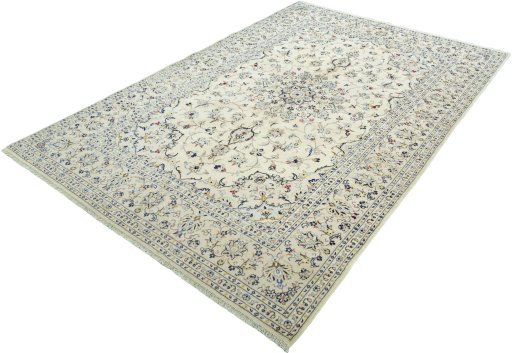 Corner detail of 2000s Kashan rug showing border pattern and Wool pile