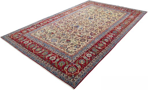 Corner detail of 1970s Kashan rug showing border pattern and Wool pile
