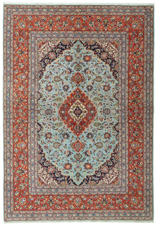 Full view of New Kashan rug from Iran / Persia, 298 × 210 cm in Blue tones
