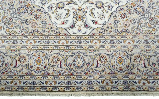 Full view of 2000s Kashan rug from Iran / Persia, 350 × 242 cm in Beige tones