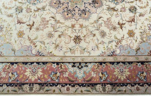 Corner detail of New Tabriz 50/60/70 Raj rug showing border pattern and Cork pile