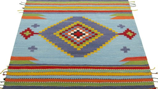 Close-up detail of New Kilim Sofre rug from Turkey showing Wool weave