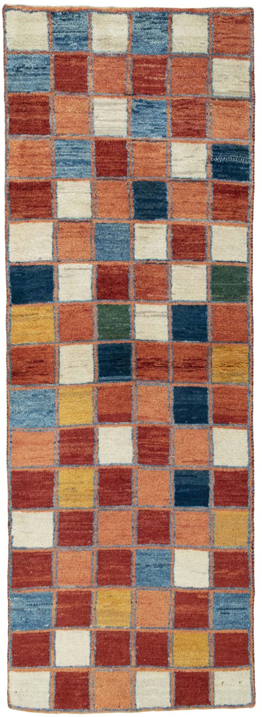 Full view of 2000s Persian Gabbeh rug from Pakistan, 255 × 90 cm in Multi Color tones