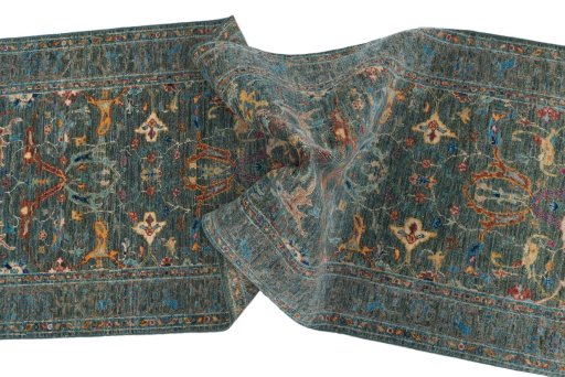 Full view of New Farahan rug from Pakistan, 241 × 77 cm in Green tones