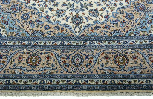 Full view of 2000s Kashan rug from Iran / Persia, 438 × 297 cm in Beige tones