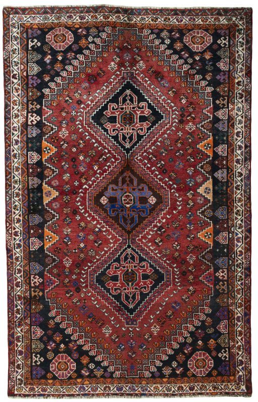 Full view of 2000s Shiraz rug from Iran / Persia, 258 × 165 cm in Red tones