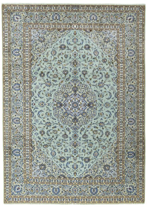 Full view of 2000s Kashan rug from Iran / Persia, 354 × 257 cm in Green tones