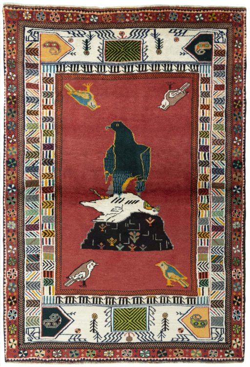 Full view of 2000s Persian Gabbeh rug from Iran / Persia, 190 × 131 cm in Red tones