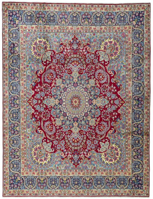 Full view of 1970s Kerman rug from Iran / Persia, 395 × 302 cm in Red tones