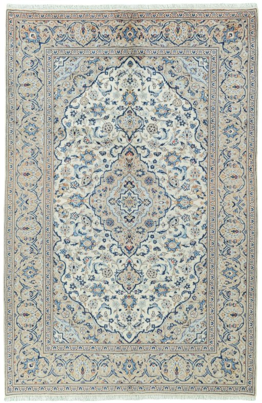 Full view of 2000s Kashan rug from Iran / Persia, 302 × 198 cm in Beige tones