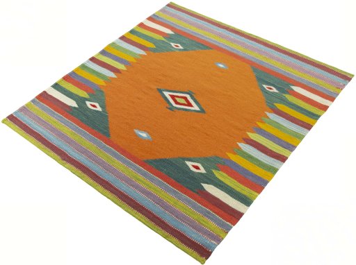 Corner detail of New Kilim Sofre rug showing border pattern and Wool pile