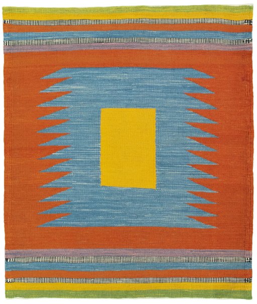 Full view of New Kilim Sofre rug from Turkey, 110 × 93 cm in Multi Color tones