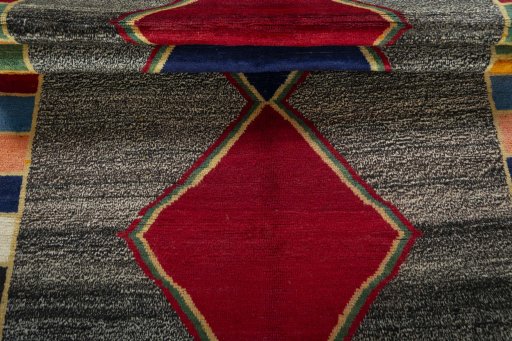Full view of 1970s Persian Gabbeh rug from Iran / Persia, 268 × 140 cm in Gray tones