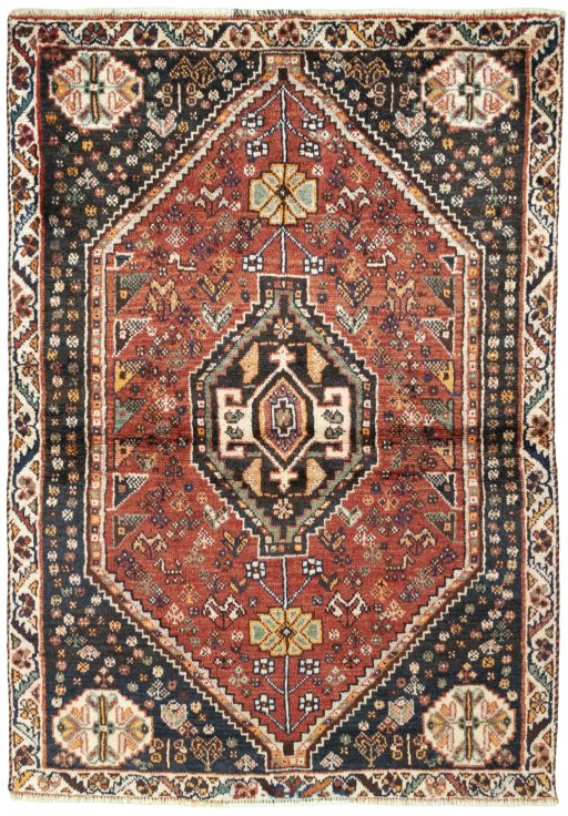 Full view of 2000s Shiraz rug from Iran / Persia, 156 × 108 cm in Red tones