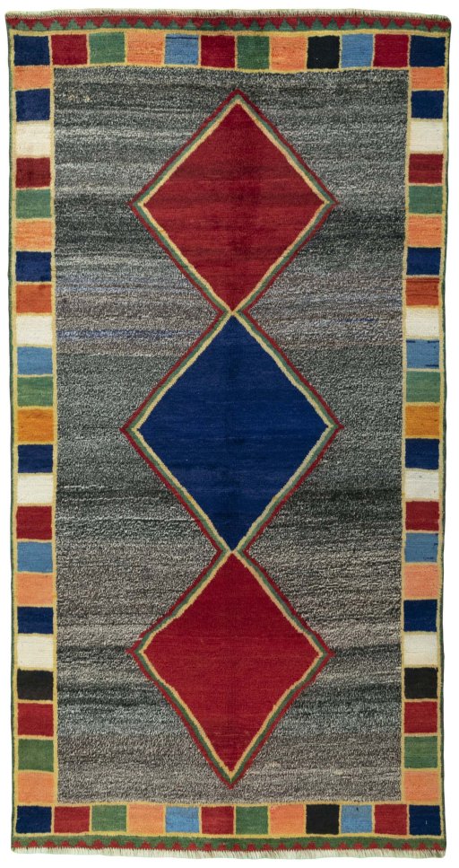 Full view of 1970s Persian Gabbeh rug from Iran / Persia, 268 × 140 cm in Gray tones