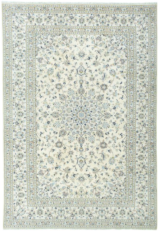 Full view of New Kashan rug from Iran / Persia, 356 × 246 cm in Beige tones