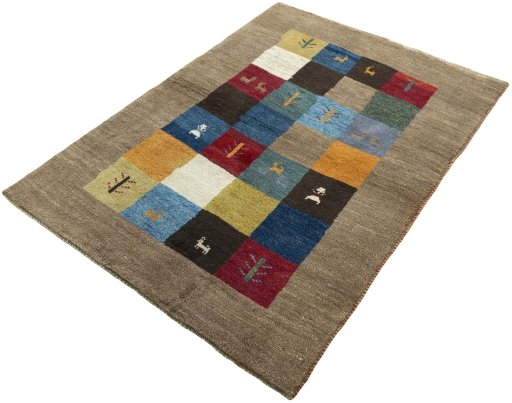 Corner detail of 2000s Persian Gabbeh rug showing border pattern and Wool pile
