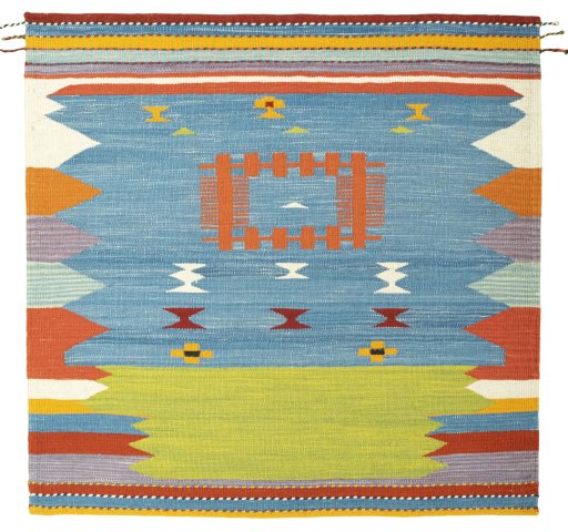 Full view of New Kilim Sofre rug from Turkey, 105 × 107 cm in Multi Color tones