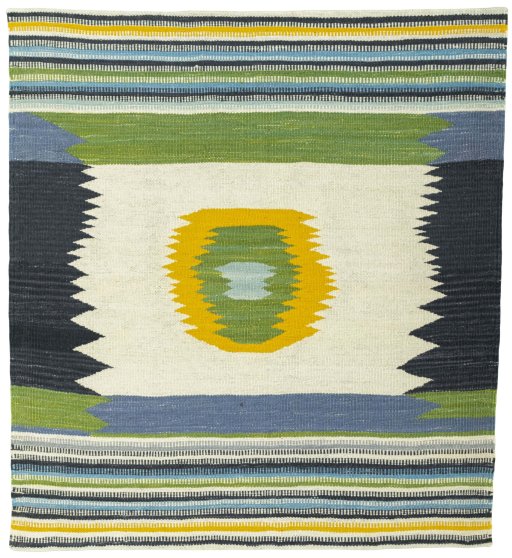 Full view of New Kilim Sofre rug from Turkey, 106 × 97 cm in Multi Color tones