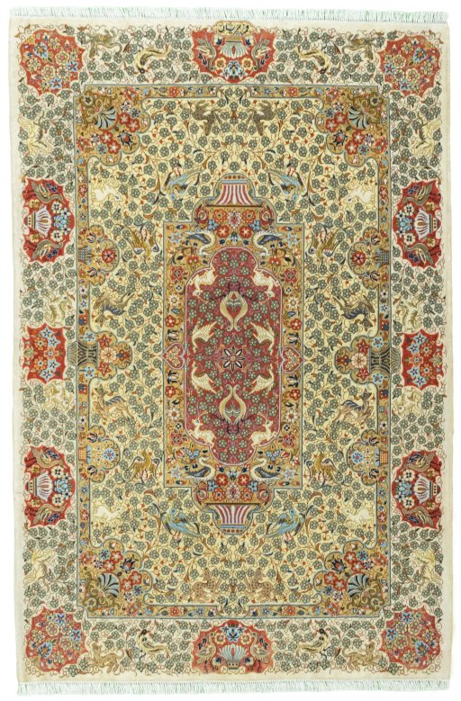 Full view of New Ghom rug from Iran / Persia, 169 × 113 cm in Beige tones