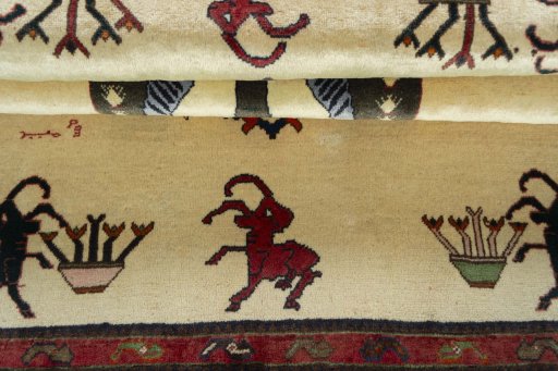 Full view of 2000s Persian Gabbeh rug from Iran / Persia, 148 × 109 cm in Beige tones