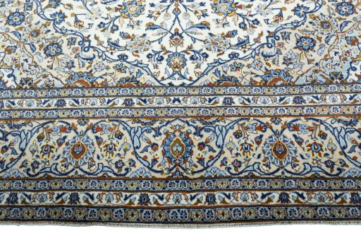 Full view of 2000s Kashan rug from Iran / Persia, 405 × 290 cm in Beige tones