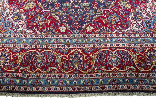 Full view of 2000s Kashan rug from Iran / Persia, 407 × 249 cm in Blue tones
