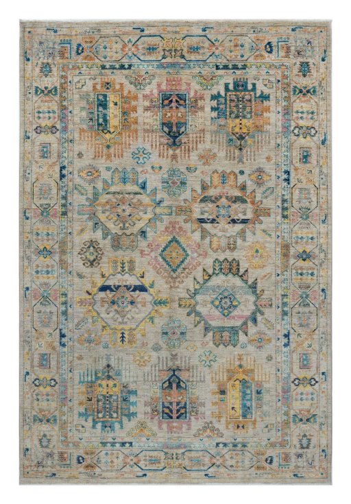 Full view of New Samarkand rug from Pakistan, 247 × 167 cm in Beige tones