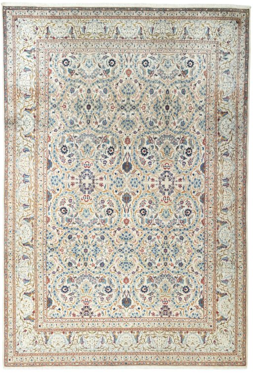 Full view of 1950s Kashan rug from Iran / Persia, 382 × 260 cm in Beige tones