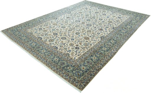 Corner detail of 2000s Kashan rug showing border pattern and Wool pile