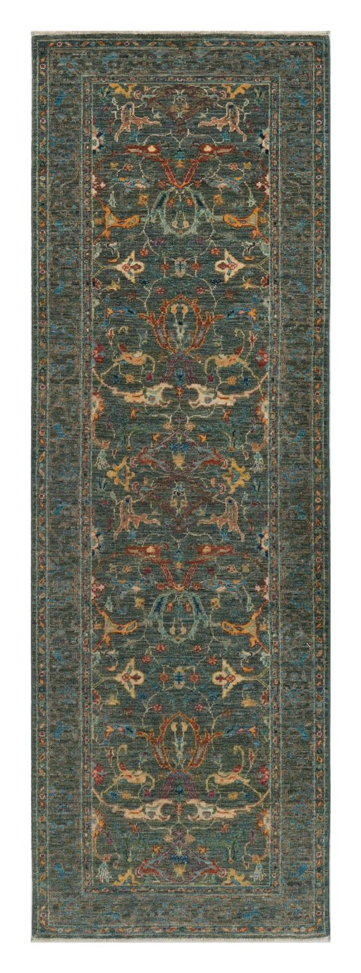 Full view of New Farahan rug from Pakistan, 240 × 79 cm in Green tones