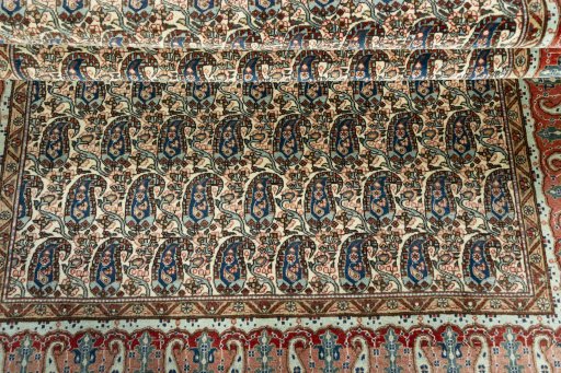 Full view of 1950s Ghom rug from Iran / Persia, 202 × 137 cm in Beige tones